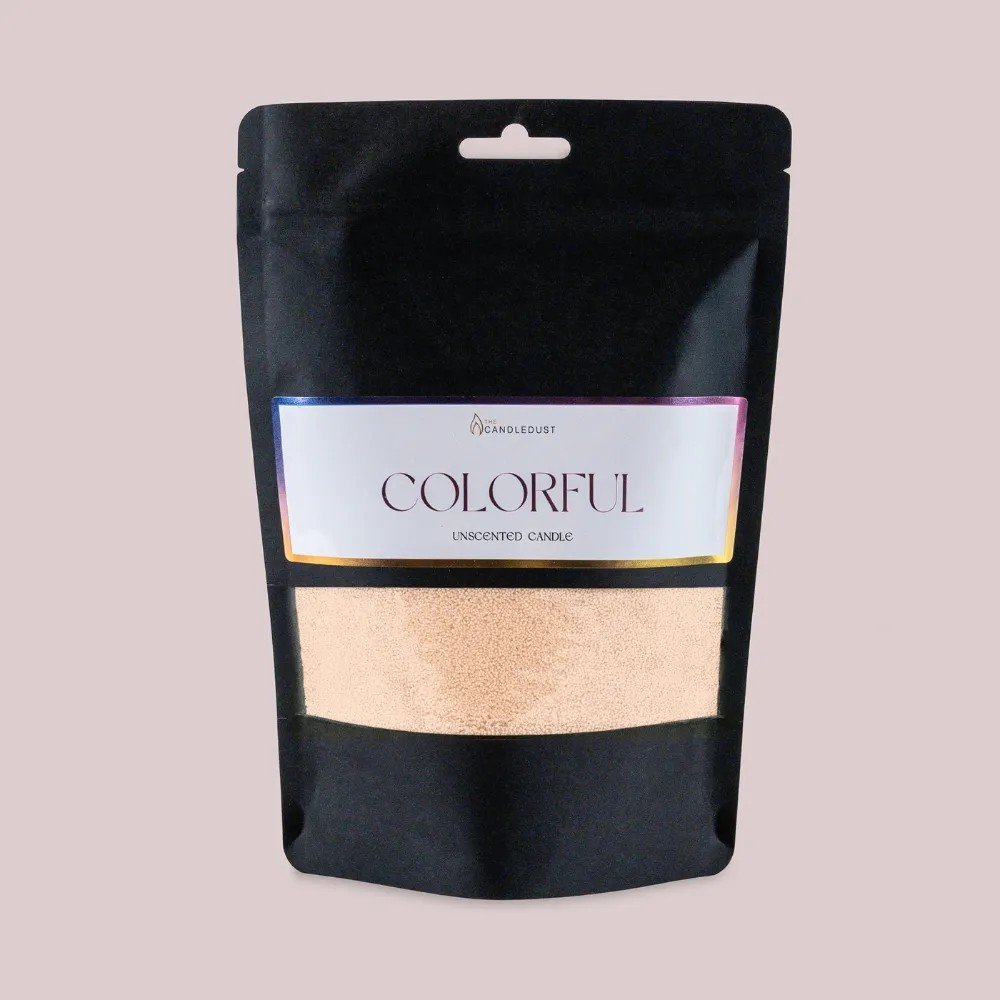 2. Black pouch of Candledust powdered candle refill kit with unscented sand, featuring colorful label on light background