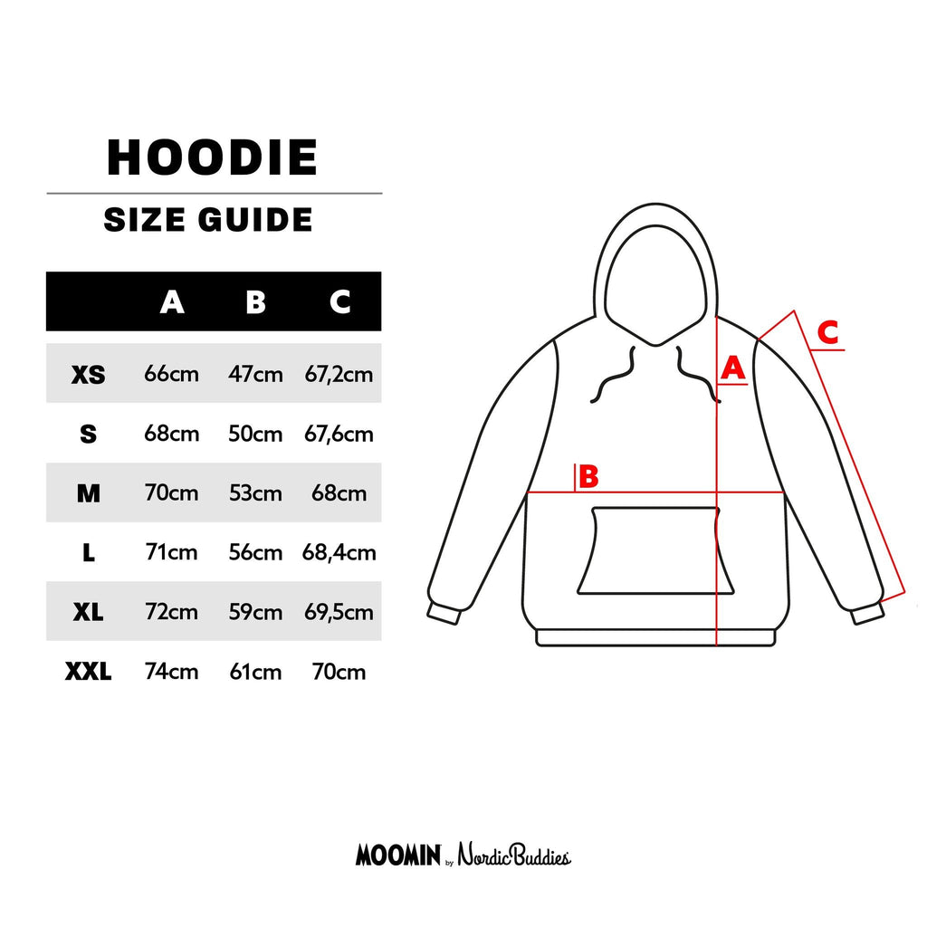 5. Size chart for unisex hoodie showing measurements for XS to XXL in centimeters