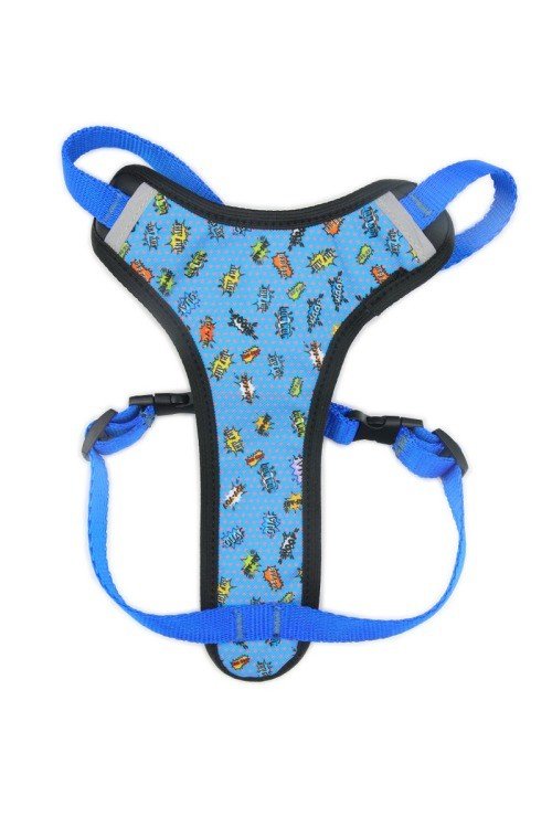 4. Studio shot of Matteo blue graffiti pressure-free harness showing front and adjustable straps