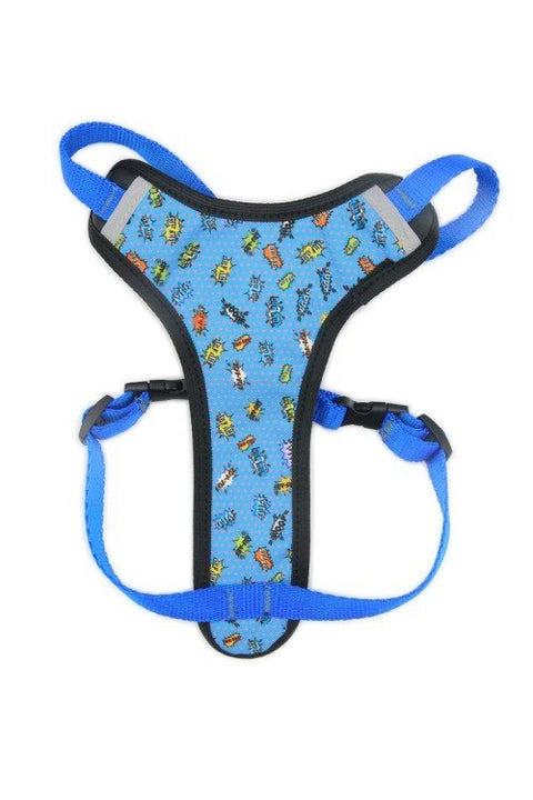 4. Studio shot of Matteo blue graffiti pressure-free harness showing front and adjustable straps
