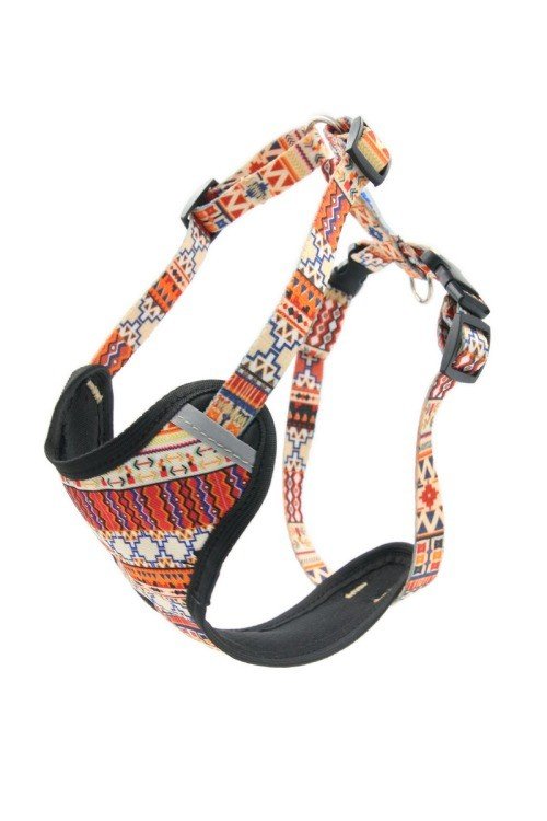 4. Side view of boho dog harness highlighting colorful pattern and adjustable head and neck straps