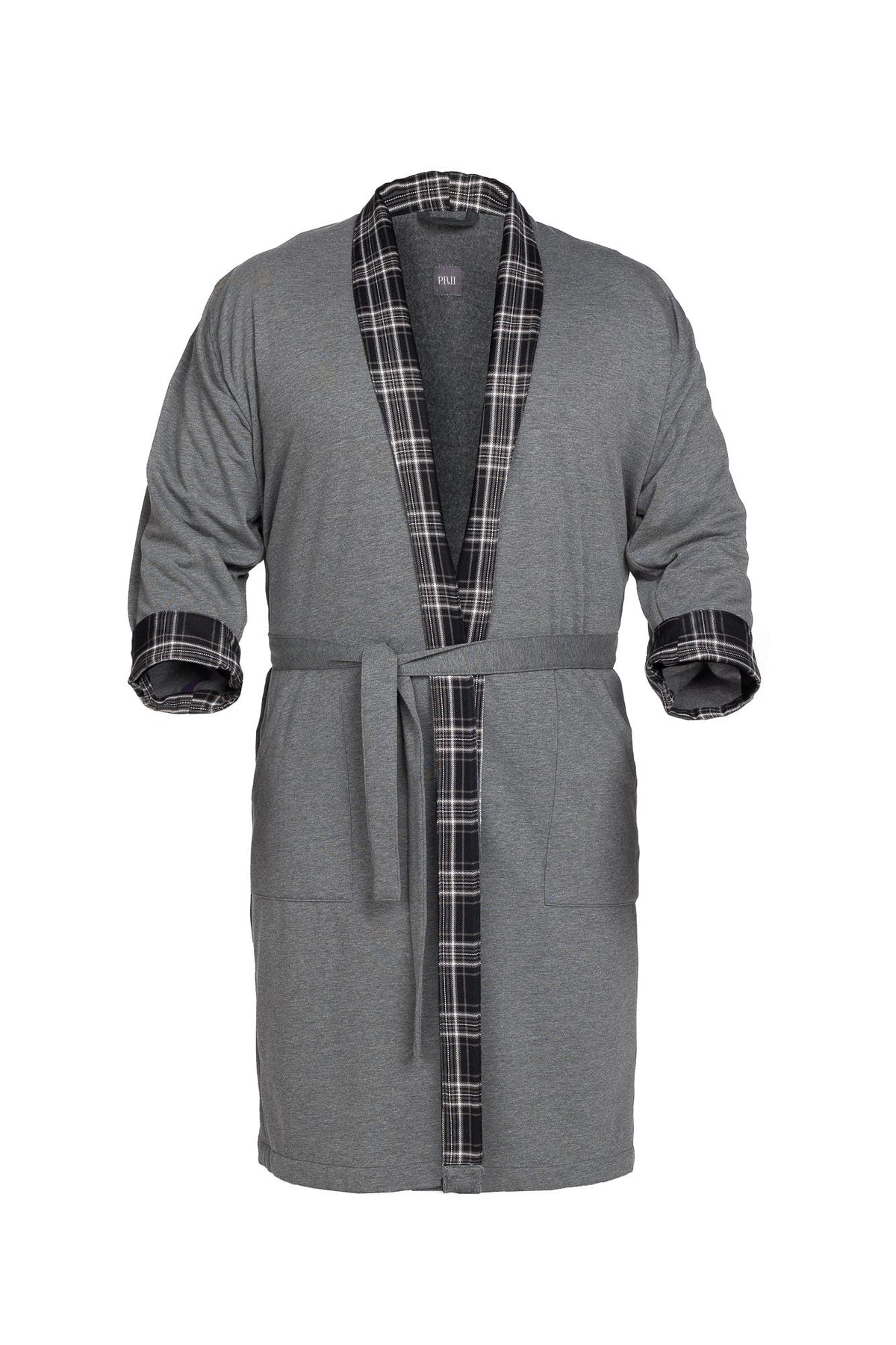 2. Gray 3/4 sleeve flannel-collared robe by Prii with checkered lapels and cuffs, shown on white background