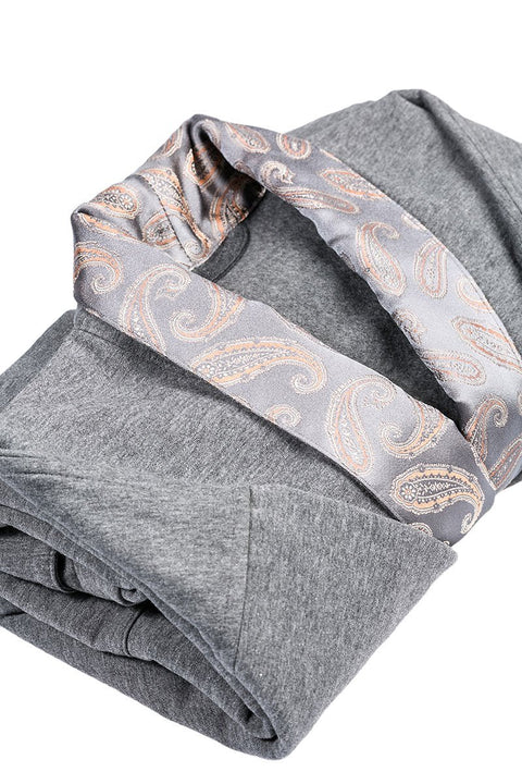 3. Close-up of folded gray robe with silver-gray paisley silk collar and cuffs