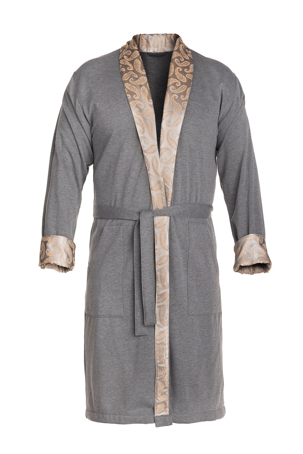 2. Front view of gray robe with silver-gray paisley silk collar and cuffs, showing belt and pockets