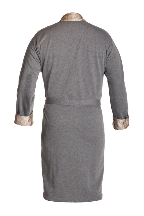 2. Back view of gray robe with silver-gray paisley silk collar and cuffs