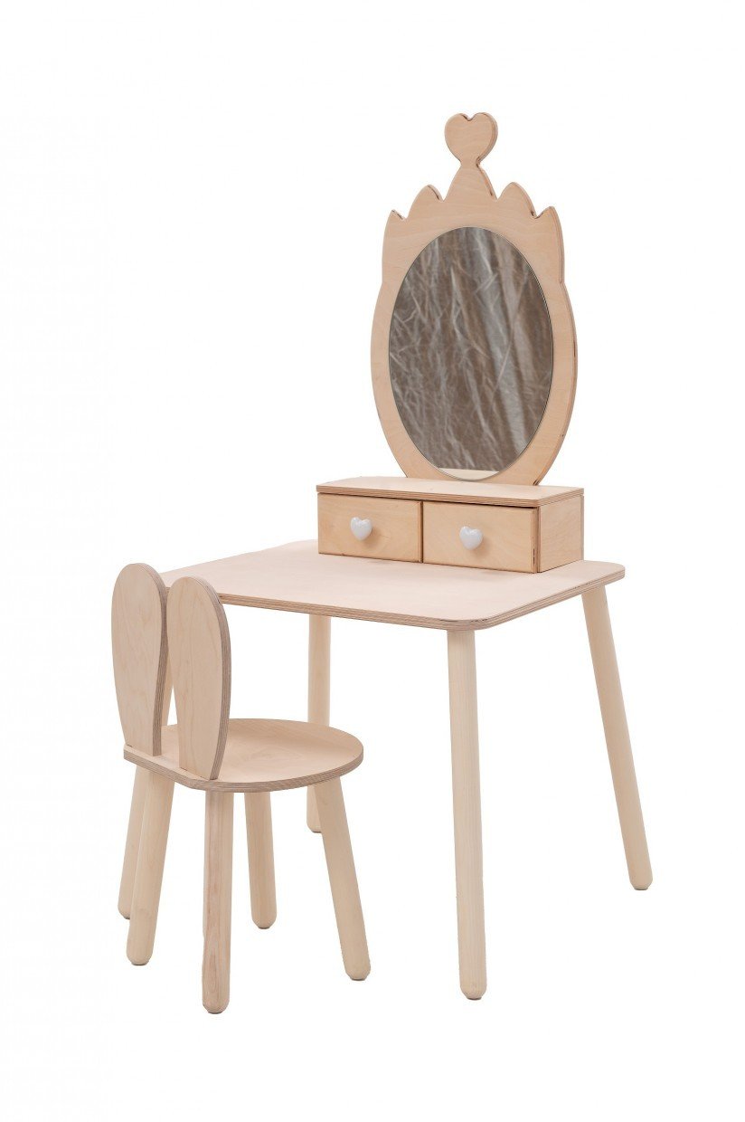 7. Studio shot of natural wood princess beauty table with heart-shaped mirror and matching chair