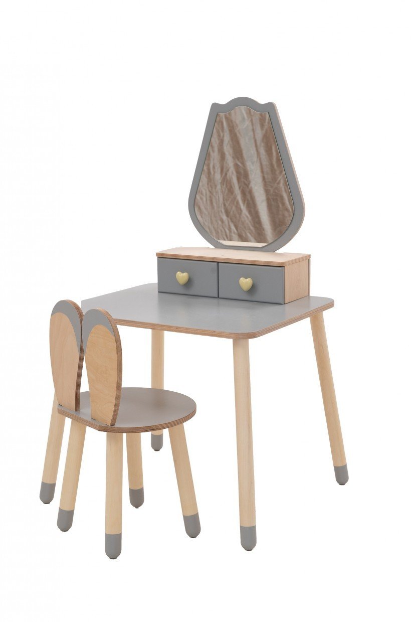 2. Grey princess beauty table with matching chair, featuring a tulip-shaped mirror and drawers, perfect for imaginative play.