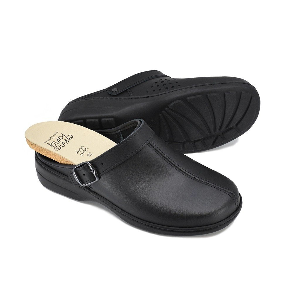 2. Studio shot of Omaking black professional sandals, highlighting removable cork insoles and durable PU outsole