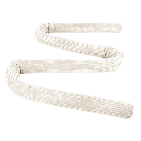 3. Ecru protective roll bumper for baby crib in a zigzag pattern, emphasizing soft corduroy texture and flexible design
