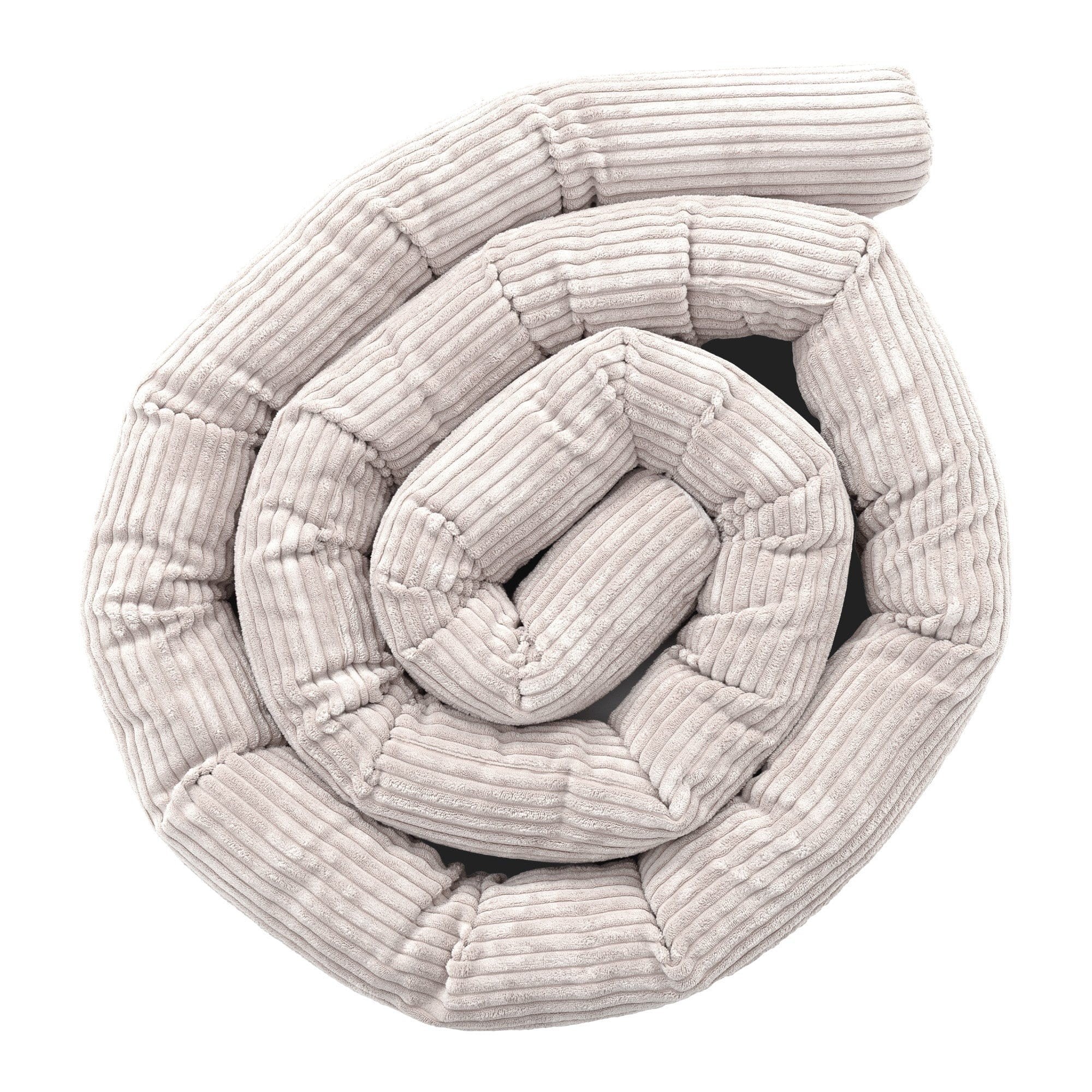 1. Ecru protective roll bumper for baby crib made of soft corduroy fabric, coiled in a spiral shape, showcasing texture and design