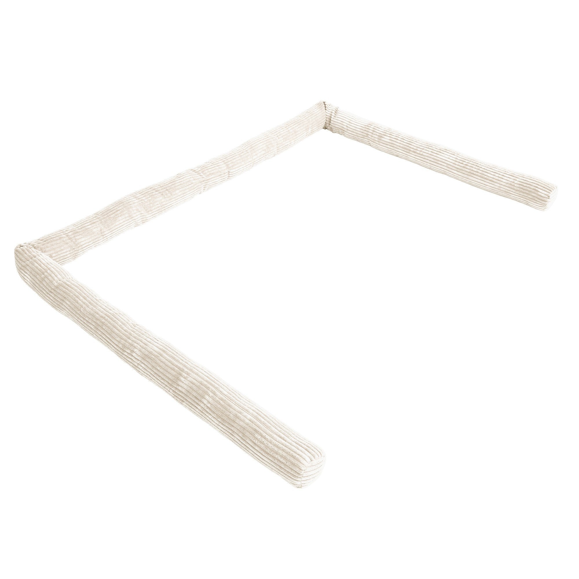 2. Ecru protective roll bumper for baby crib laid out in a square shape, showcasing soft corduroy fabric and flexible design
