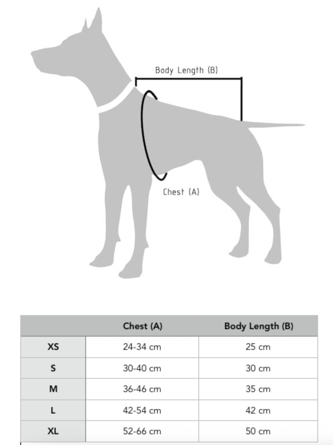 2. Size chart for dog sweaters showing chest and body length measurements in centimeters for sizes XS to XL