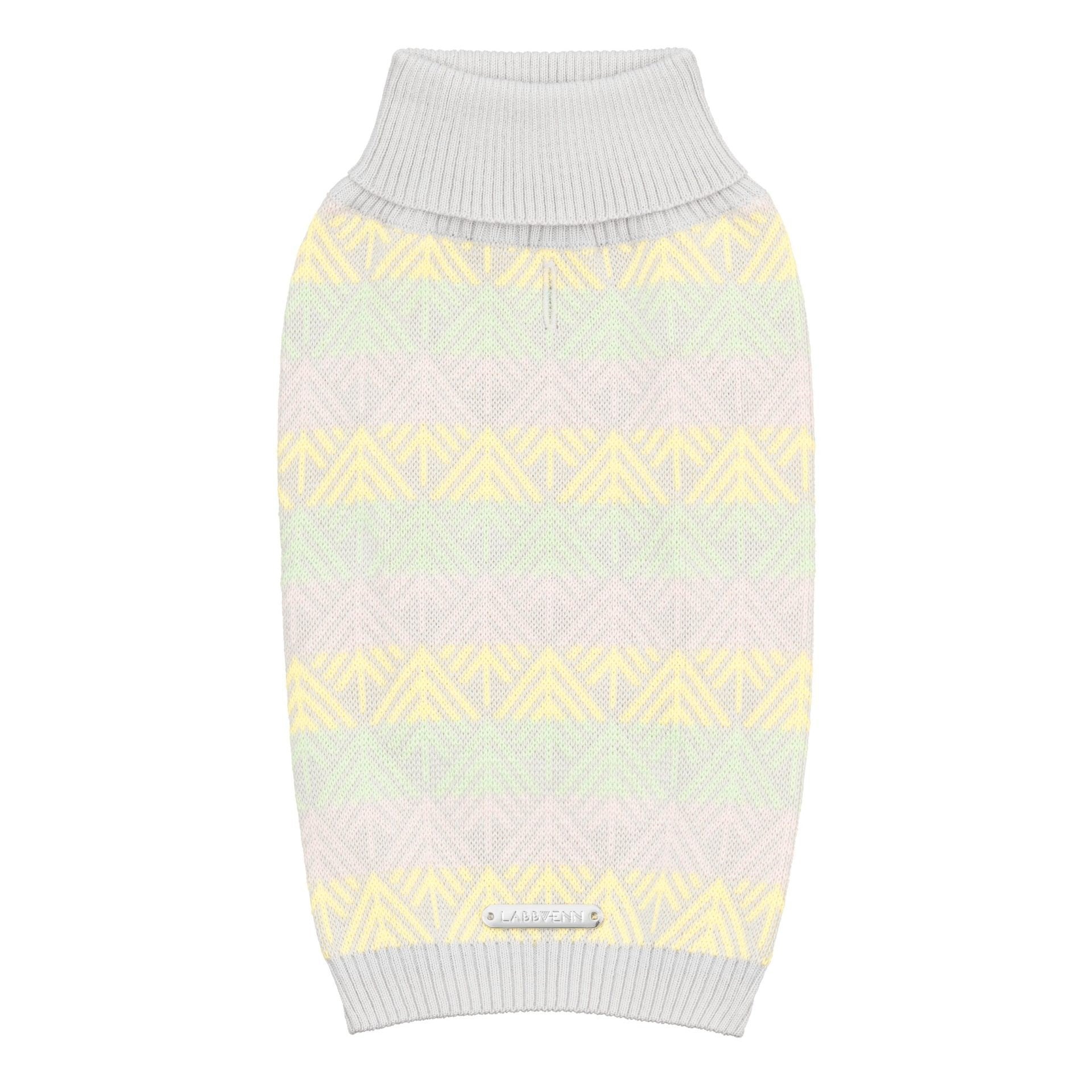 1. Grey dog sweater with pastel stripes and unique pattern, featuring a ribbed collar and shiny metal Labbvenn logo on the back