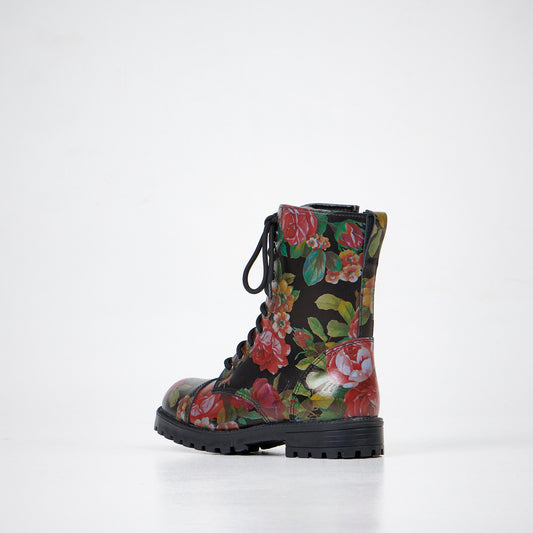 1. Side view of Samelin 511 Red Roses boots in floral pattern, showcasing water-repellent natural leather and durable PU outsole