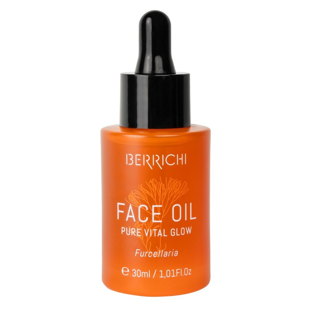 2. Berrichi Pure Vital Glow Face Oil in orange bottle with black dropper, 30ml, featuring botanical illustration and product details on label