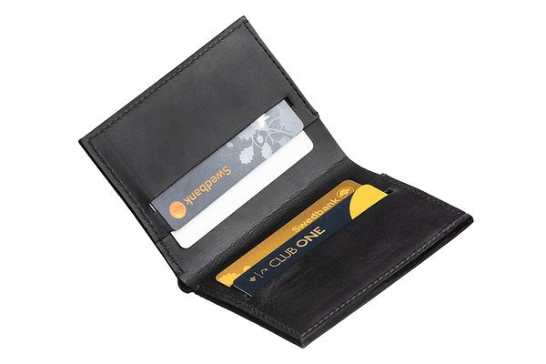 6. Open black leather wallet with multiple cards in slots on white background