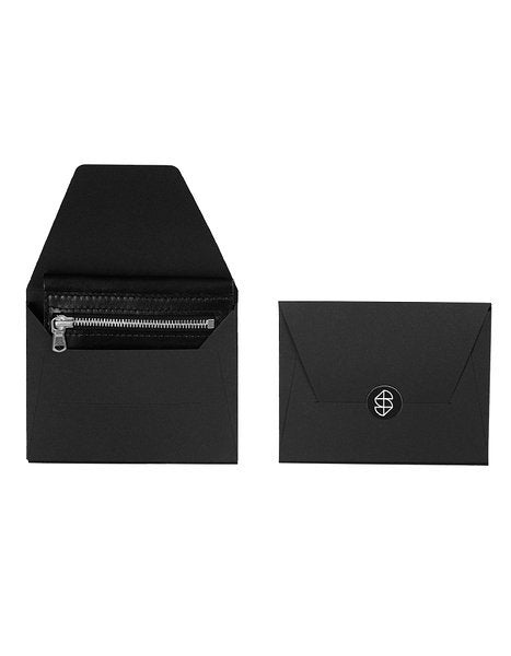 3. Black leather wallet with zipper pocket displayed with branded packaging