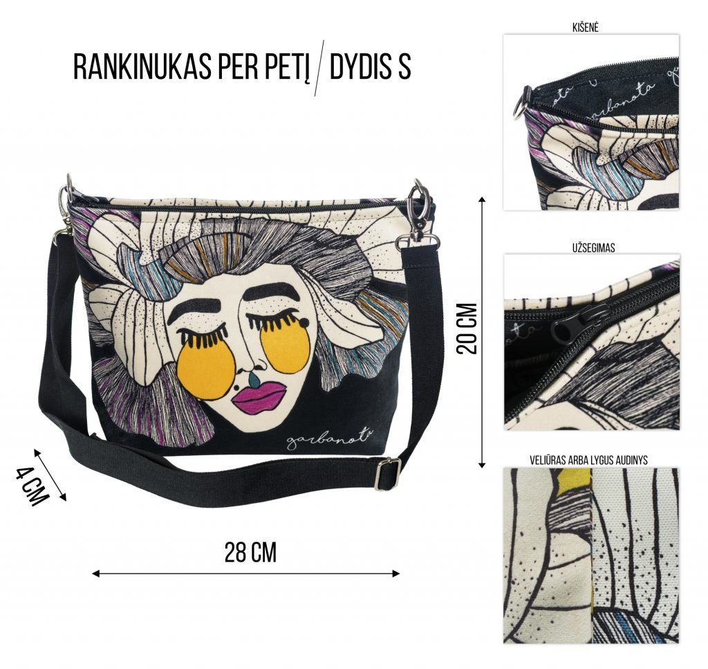 2. Garbanota SHOULDER BAG BOHEMA size S with artistic face design, showing dimensions and details, studio shot
