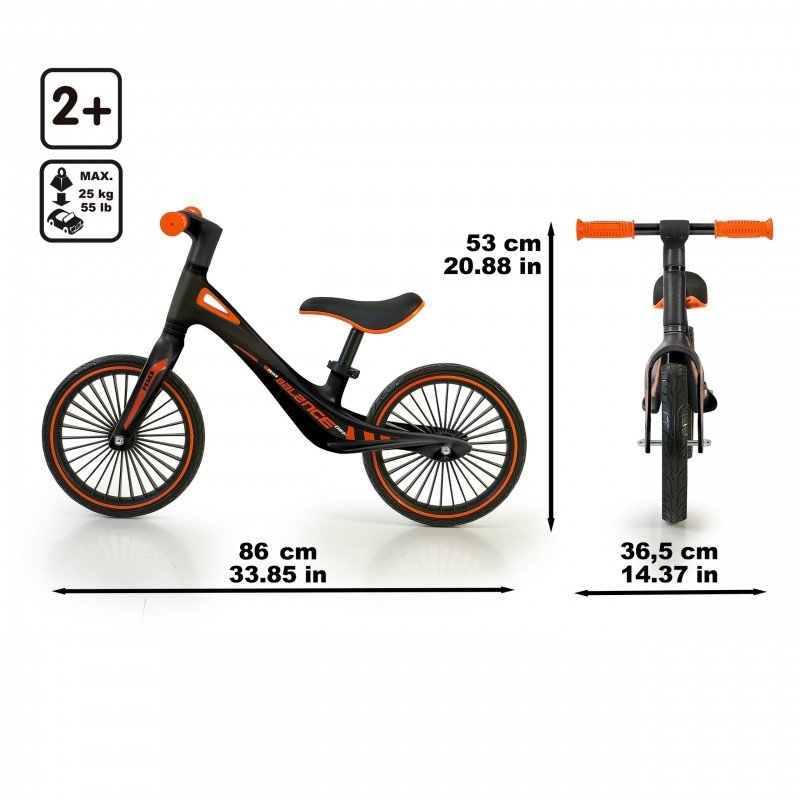 5. Size chart for Feber balance bike showing dimensions in centimeters and inches