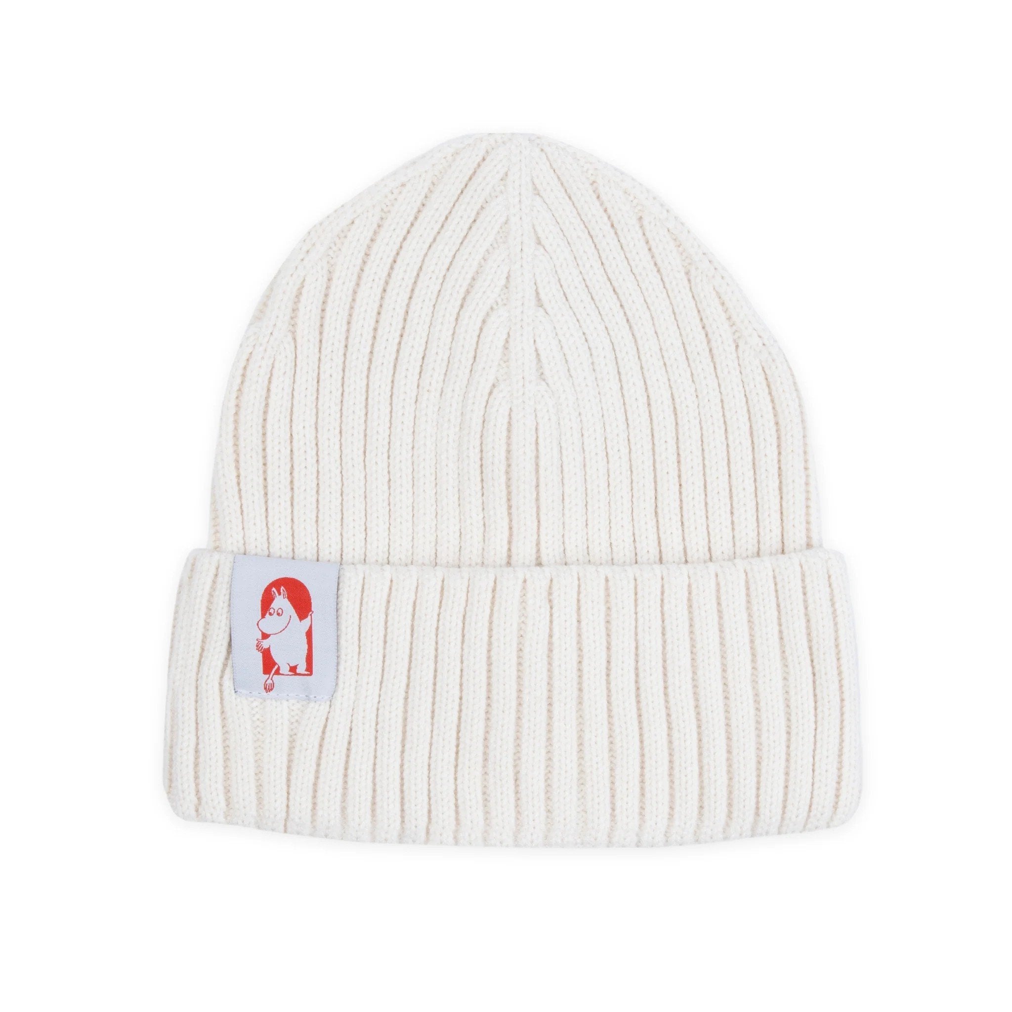 1. White Moomin by NordicBuddies Red Cross Beanie for adults, featuring ribbed acrylic knit and Moomin character patch, studio shot