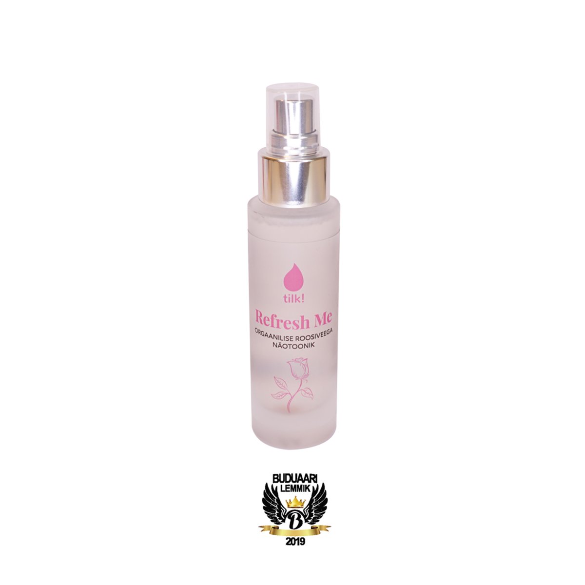 3. Award-winning Tilk! Refresh Me Probiotic Facial Toner with Organic Rose Water, 50ml, shown with Buduaar Lemmik 2019 badge