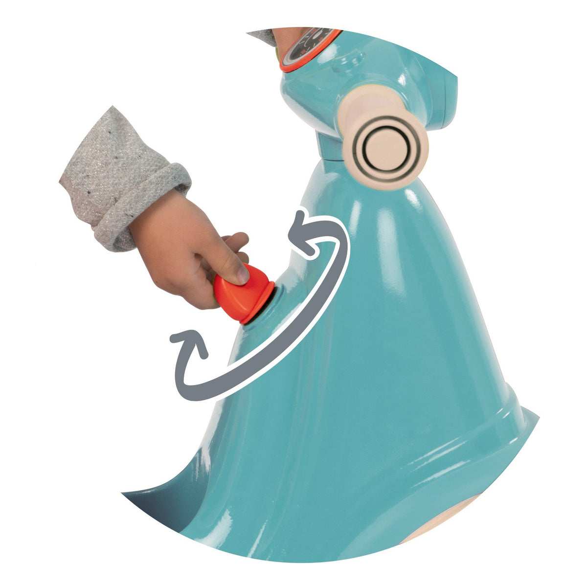 3. Close-up of child's hand turning red clicking key on blue retro ride-on scooter