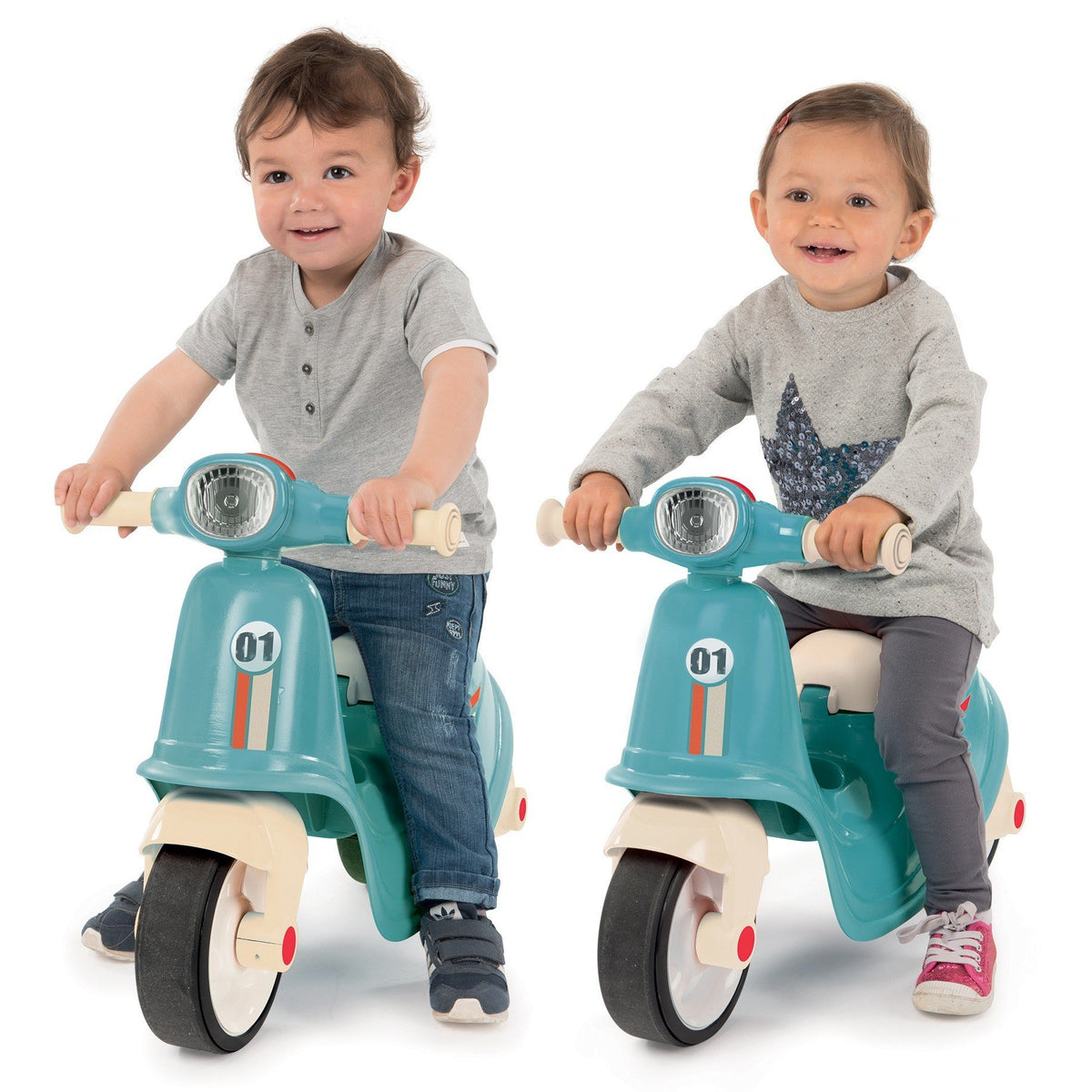 1. Two children riding blue retro ride-on scooters with beige seats, smiling in a playful setting