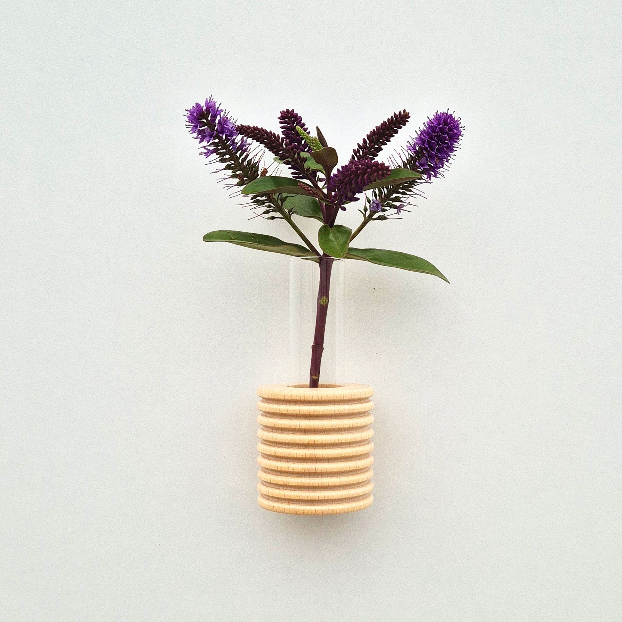 1. Ribble Wall Vase by 5mm Paper in beech wood with blue paint, showcasing purple flowers, mounted on a wall
