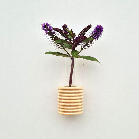 1. Ribble Wall Vase by 5mm Paper in beech wood with blue paint, showcasing purple flowers, mounted on a wall