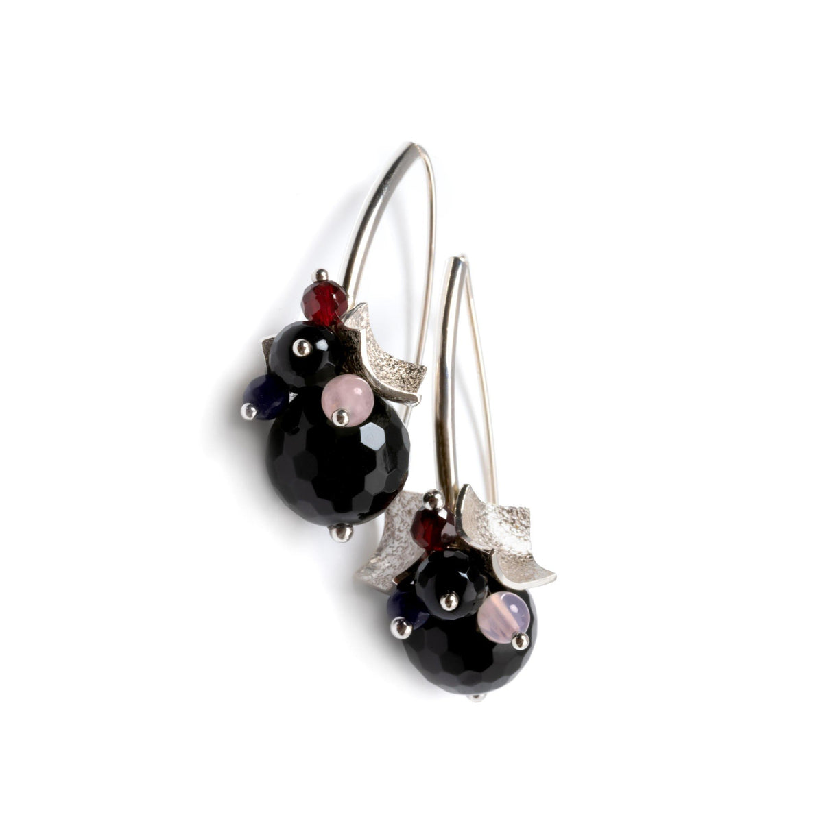 2. Studio shot of MyaMoon Richie Black Earrings in silver with black onyx, red garnet, and rose quartz on white background