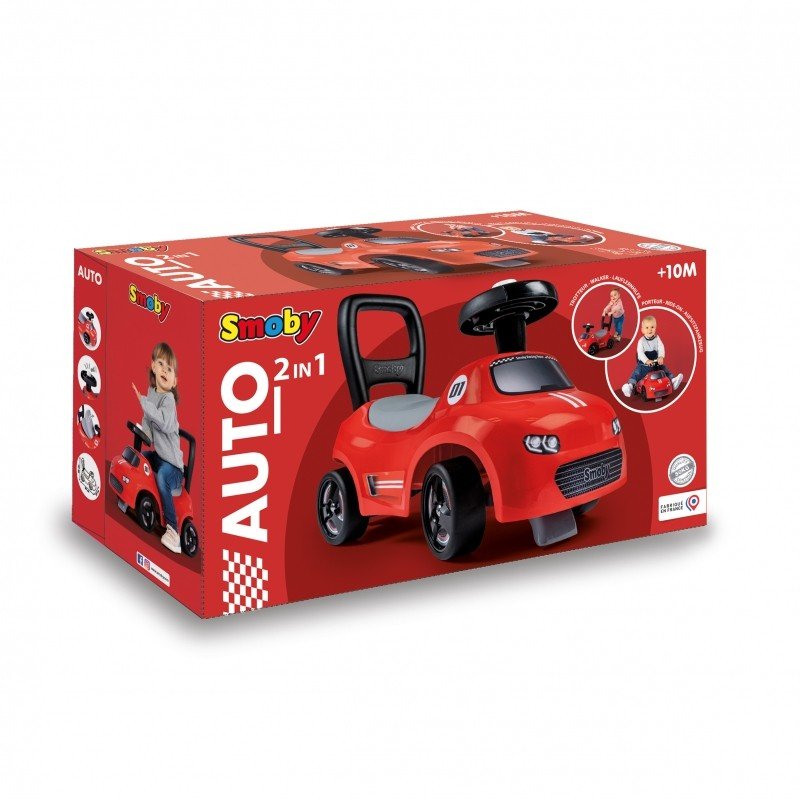 6. Smoby red ride-on car packaging showing product image and features, suitable for ages 10 months and up