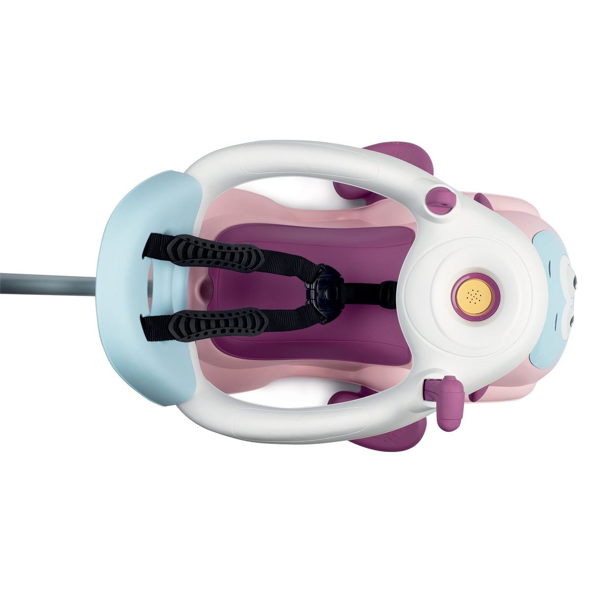 6. Top view of Smoby Ride-on Maestro 3in1 in pink, highlighting seat belt and steering wheel