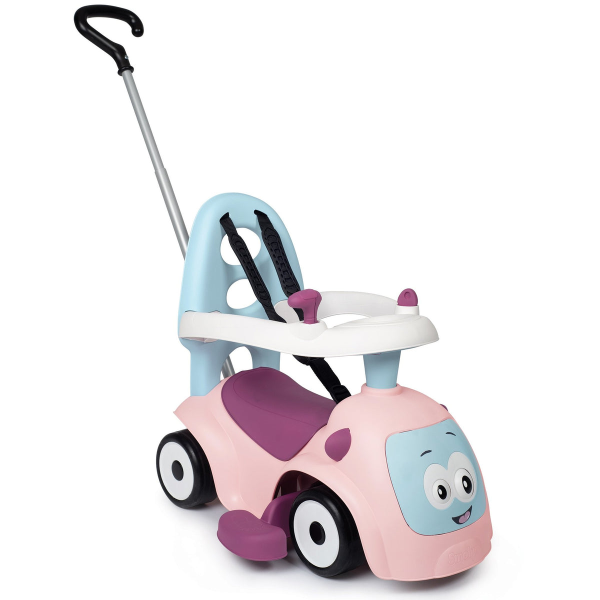 1. Smoby Ride-on Maestro 3in1 in pink with blue accents, featuring a push handle and smiling face design, shown in a studio setting