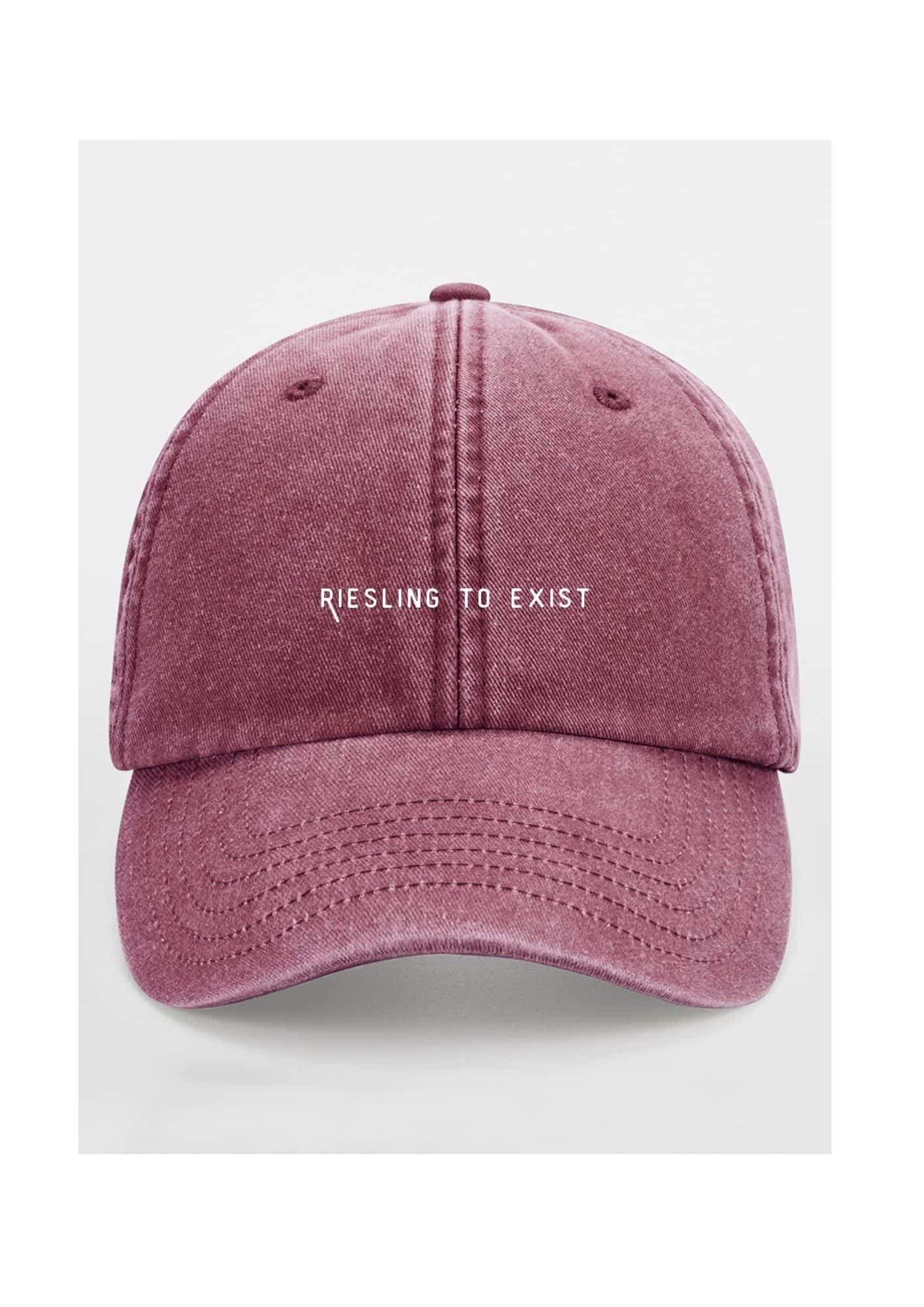 2. Front view of maroon 'Riesling to Exist' cap with vintage wash and adjustable strap