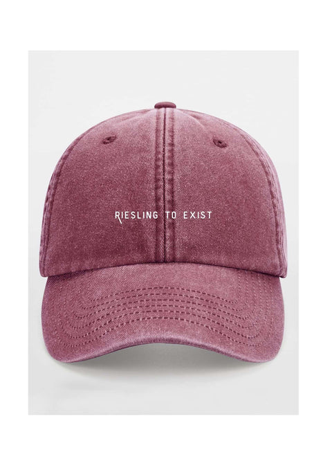 2. Front view of maroon 'Riesling to Exist' cap with vintage wash and adjustable strap