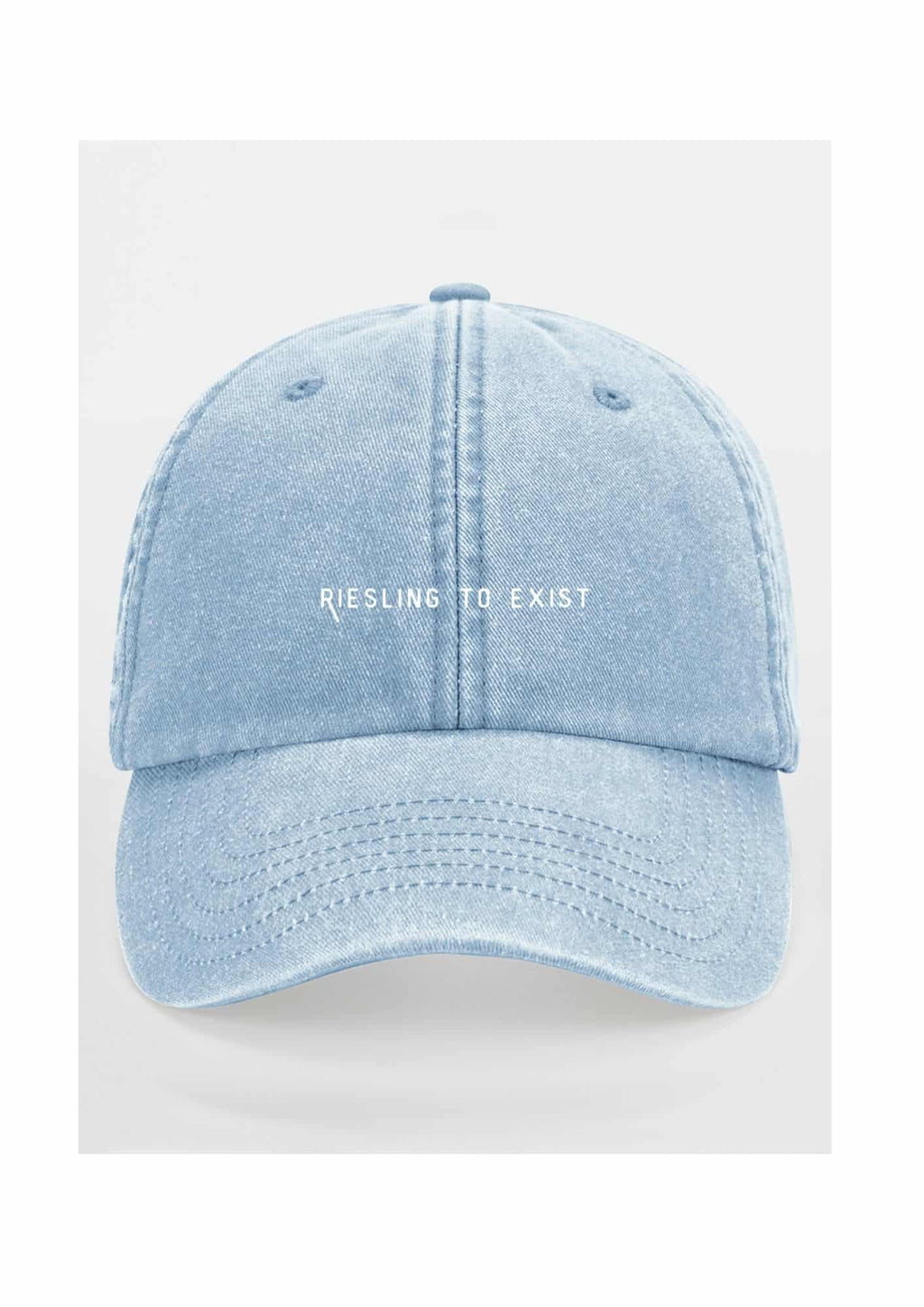 5. Front view of blue 'Riesling to Exist' cap with vintage wash and adjustable strap