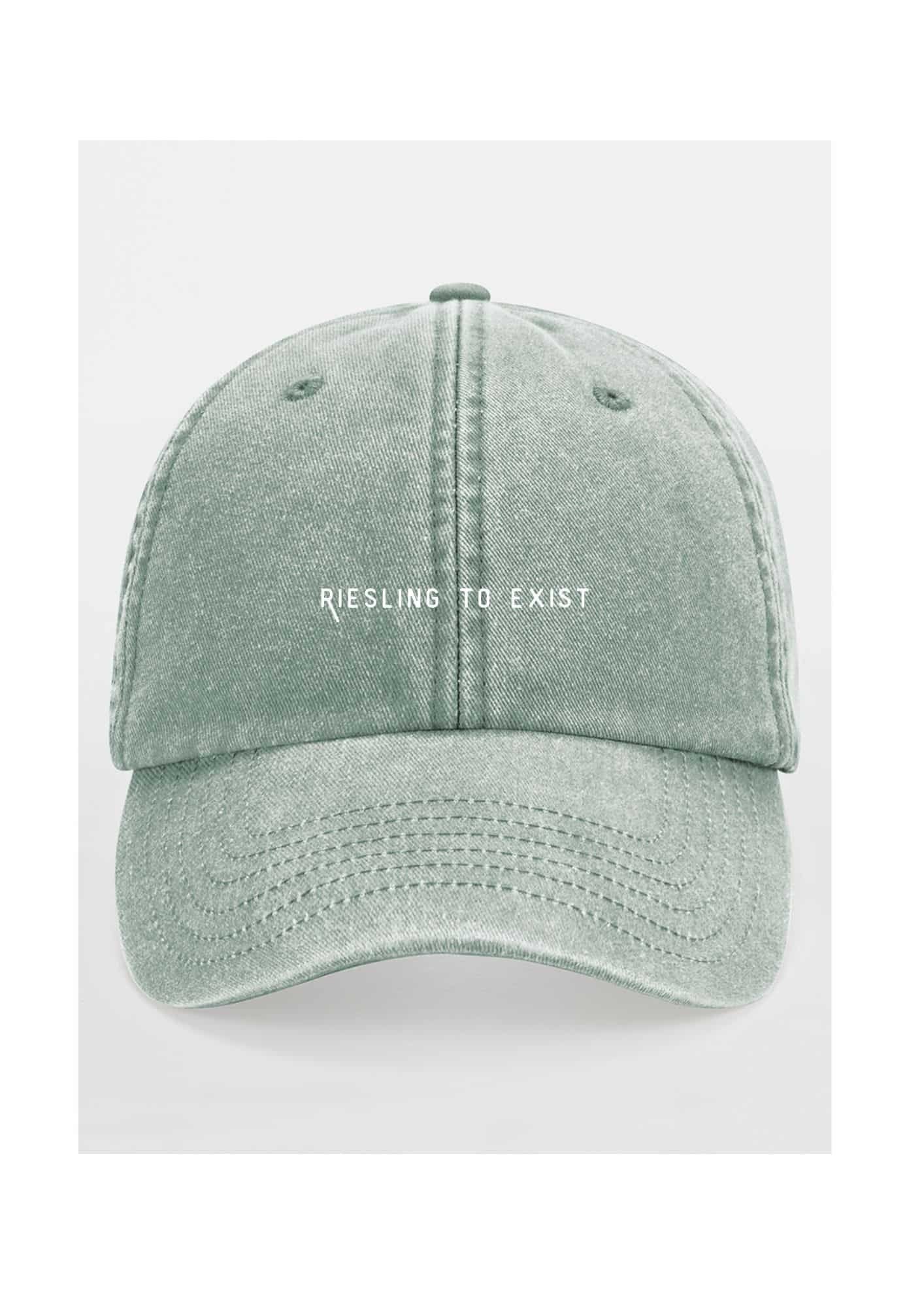 3. Front view of green 'Riesling to Exist' cap with vintage wash and adjustable strap