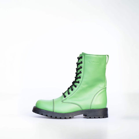 1. Unisex green Samelin 511 Granny Smith boots with zipper, side view in studio setting
