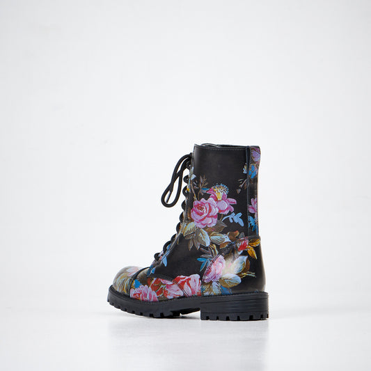 1. Women's 511 Pink Roses boots by Samelin in studio, showcasing floral pattern on black leather with side view