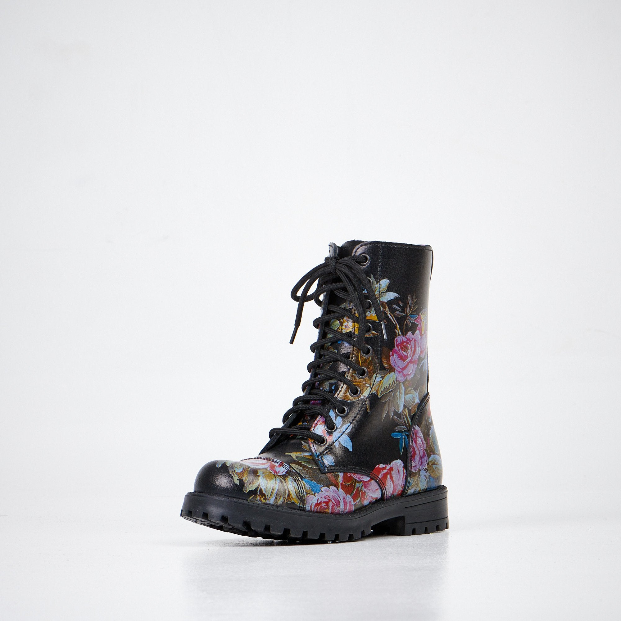 2. Women's 511 Pink Roses boots by Samelin in studio, featuring floral design on black leather with front view