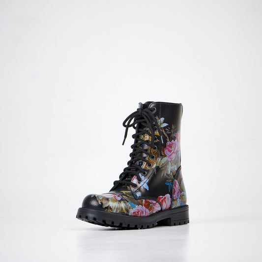2. Women's 511 Pink Roses boots by Samelin in studio, featuring floral design on black leather with front view