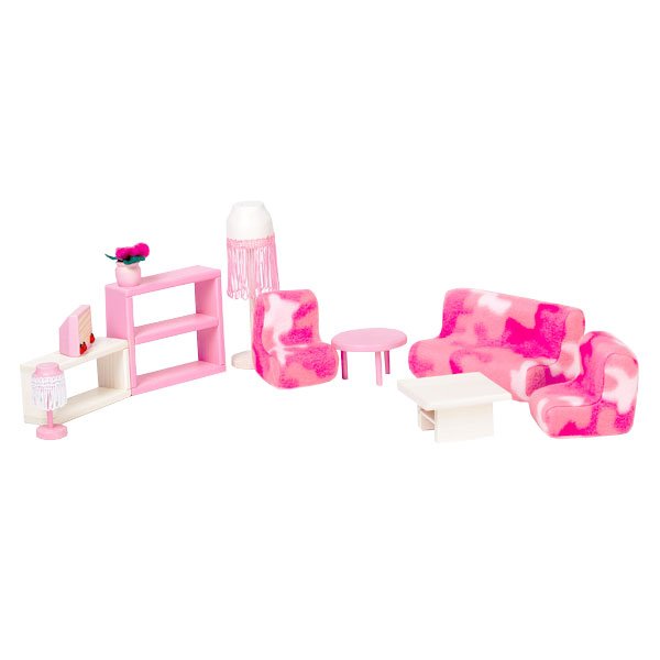 1. Pink and white dollhouse living room furniture set including sofa, two chairs, shelves, TV, floor lamp, and tables by ROOSI Traditional Toys