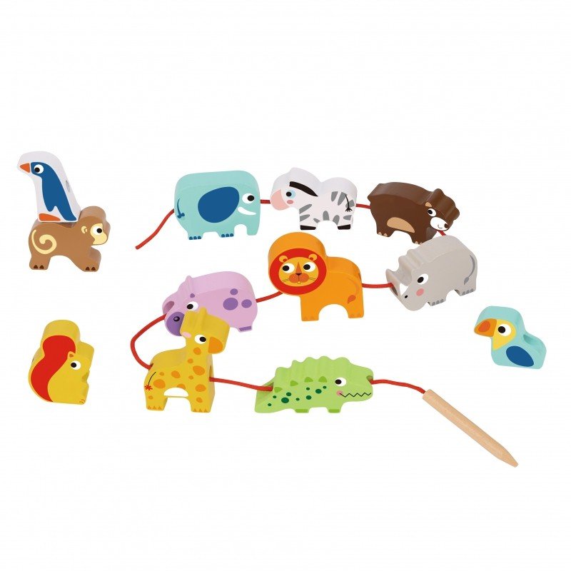 6. Close-up of colorful safari animal shaped wooden threading blocks with red string