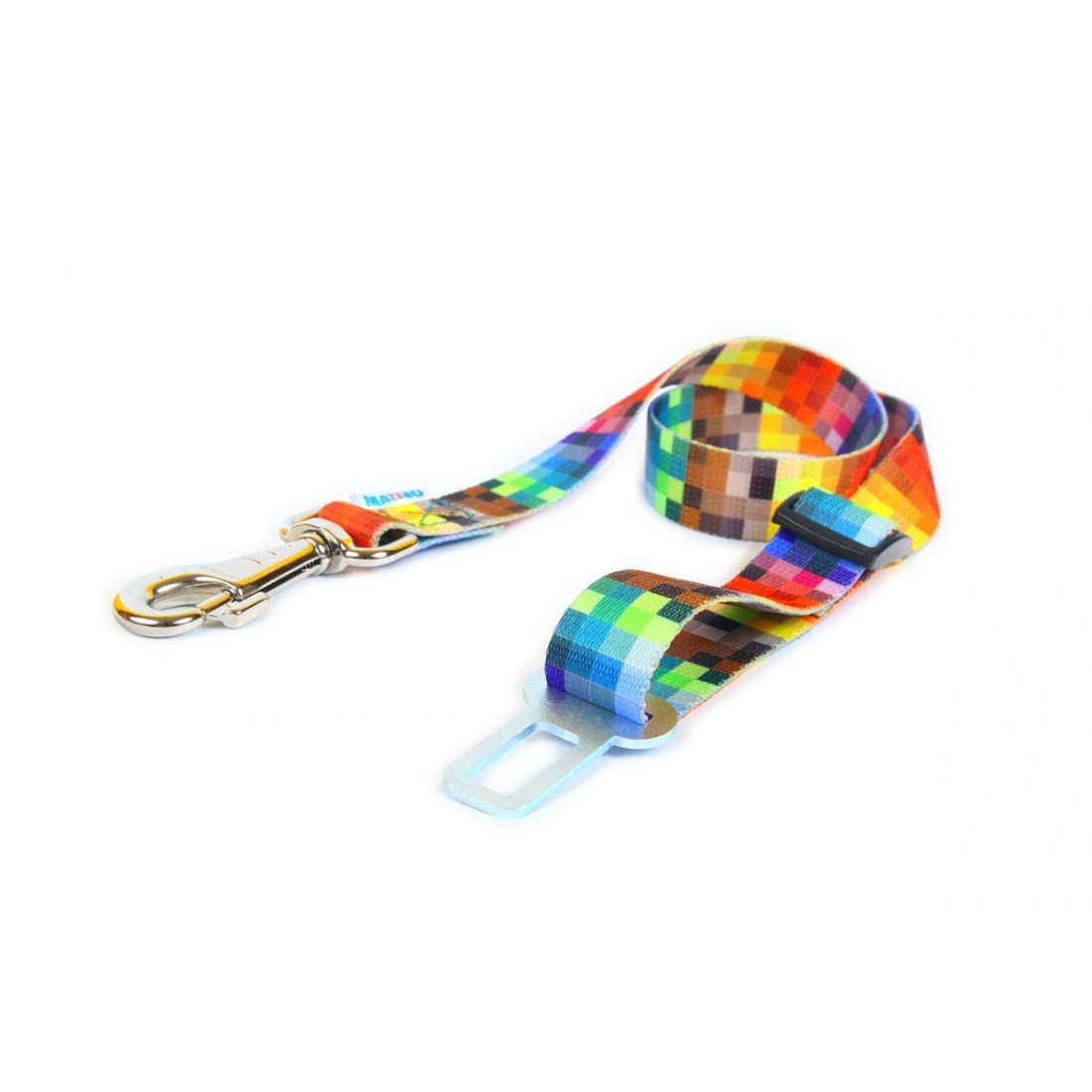 2. Matteo dog safety belt with colorful pixel pattern, metal clip, and buckle attachment on white background