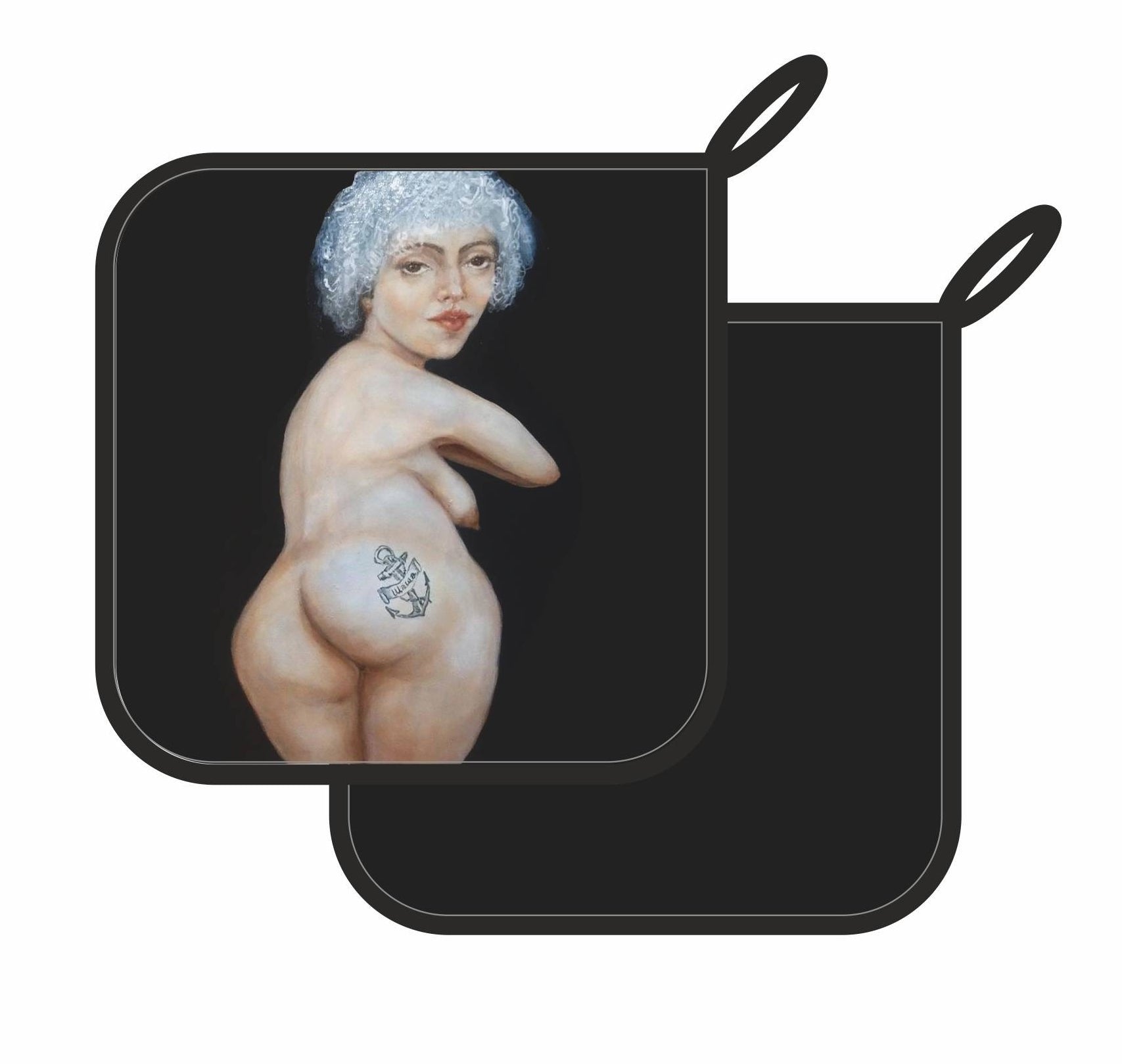 1. Artistic pot holder featuring a pinup-style painting of a woman with a sailor tattoo, designed by Katrin Valgemäe, blending classical and pop art elements, handmade in Estonia, polyester and cotton blend.