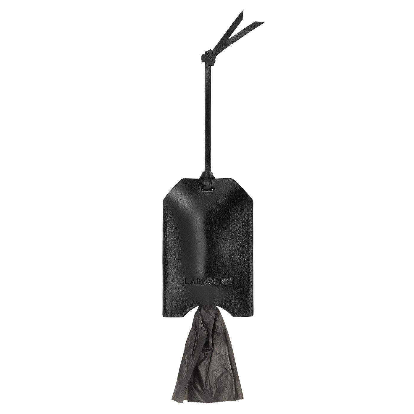 2. Studio shot of black leather Saku bag dispenser by Labbvenn with attached strap and visible bag, highlighting sleek design