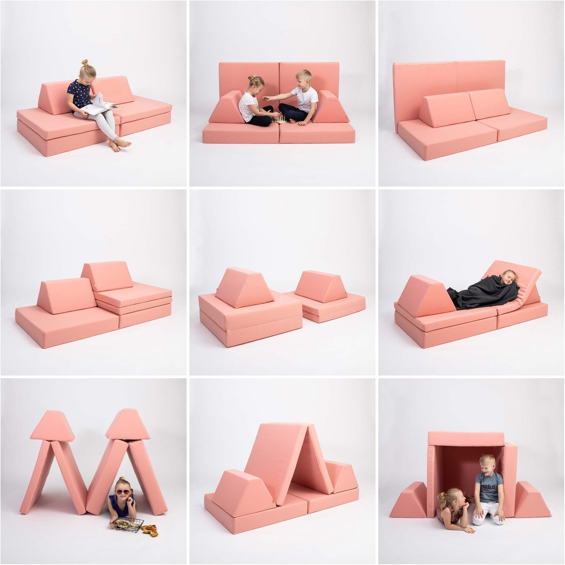 2. Nine configurations of Monboxy salmon pink activity play mattress set showcasing versatility and creative play options