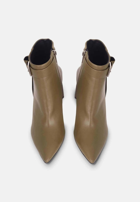4. Top view of salvia green leather ankle boots showing pointed toe and side buckle detail