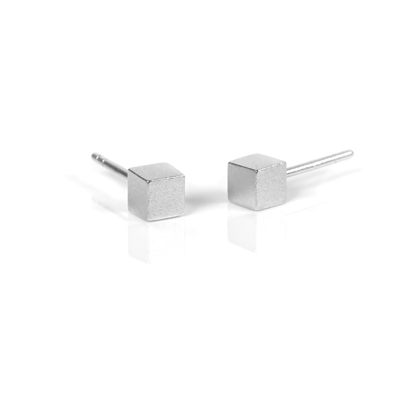 2. MyaMoon Satin Cube Earrings in silver, featuring a silky-matte surface and compact cube design