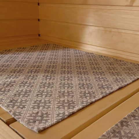 2. Close-up of LOKO sauna seating pad with Pärnu County mitten pattern on wooden bench